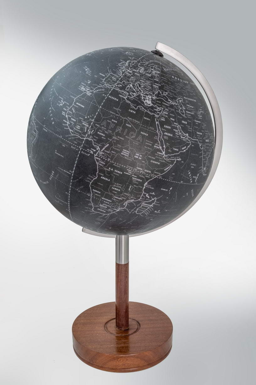black profile globe with Africa showing. Contemporary globe on slim, stylish wood stand.