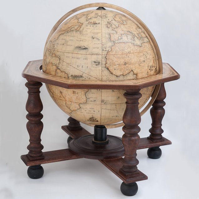 grand Coronelli reproduction globe, hand coloured and sitting in a wooden frame
