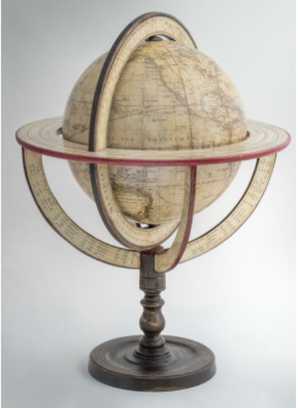 historical facsimile globe on wooden base and red trim by Lander and May