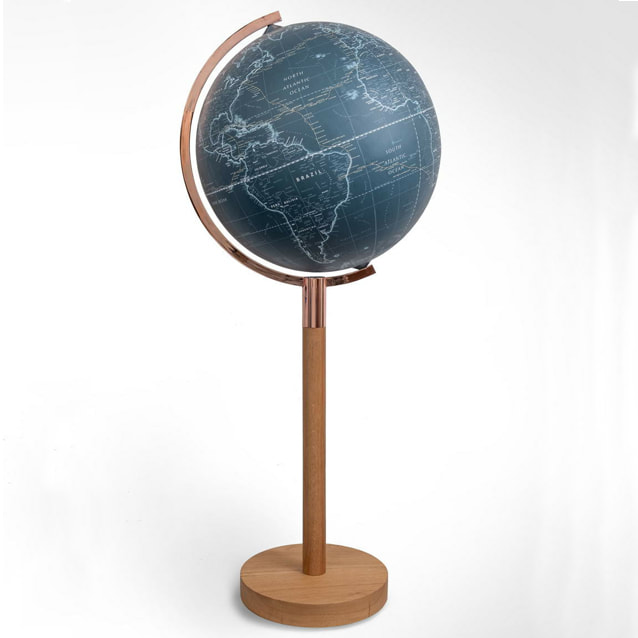 big blue globe on a slender wooden base and a copper meridian arm