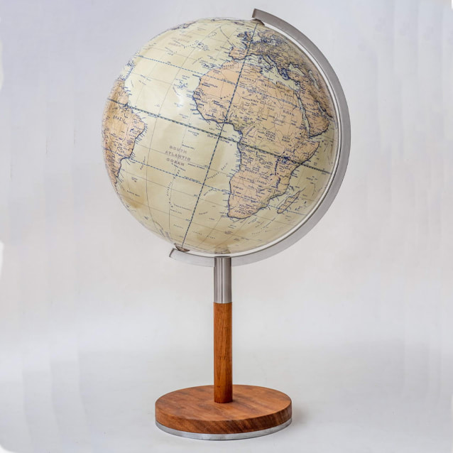 elegant 13 inch diameter desk globe on slim stand and polished steel arm