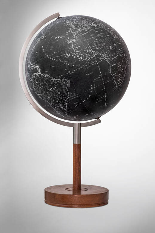 Stylish black globe on contemporary wooden globe stand. Mahogany stem and stainless steel arm.